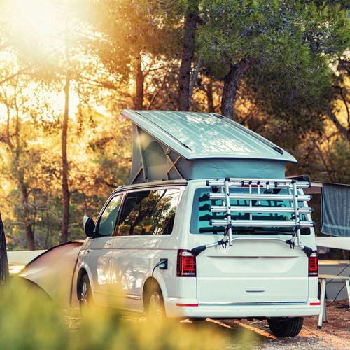 Modified camper van parked in woods