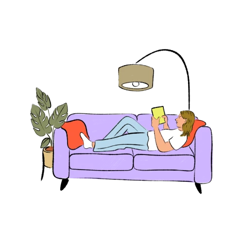 a cartoon of someone reading a book whilst lying on a pink sofa