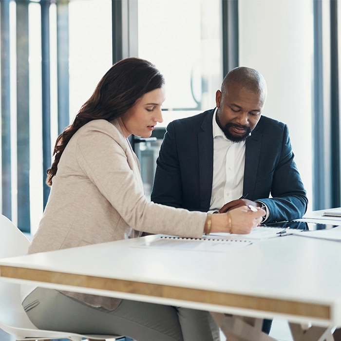 Business woman and business man meeting