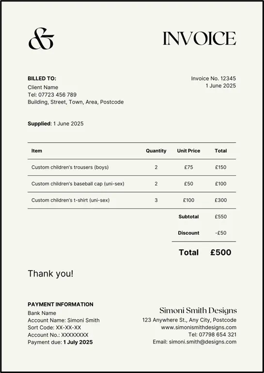 Sole trader invoice template example 1